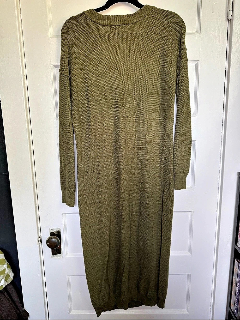 Anrabess Waffle Knit Button V-Neck Sweater Midi Dress Earthy Boho Olive Green La - Picture 2 of 11